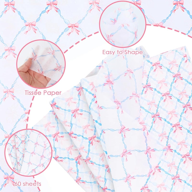 Ethanberg 60 Sheets Gift Wrapping Tissue Paper Bulk, Pink Bow Blue Line Print Tissue Paper for Gift Bags, Decorative Art Papers for DIY Crafts Wedding Birthday Baby Showers Holiday Party Decor, 20x14 Inches - Image 3